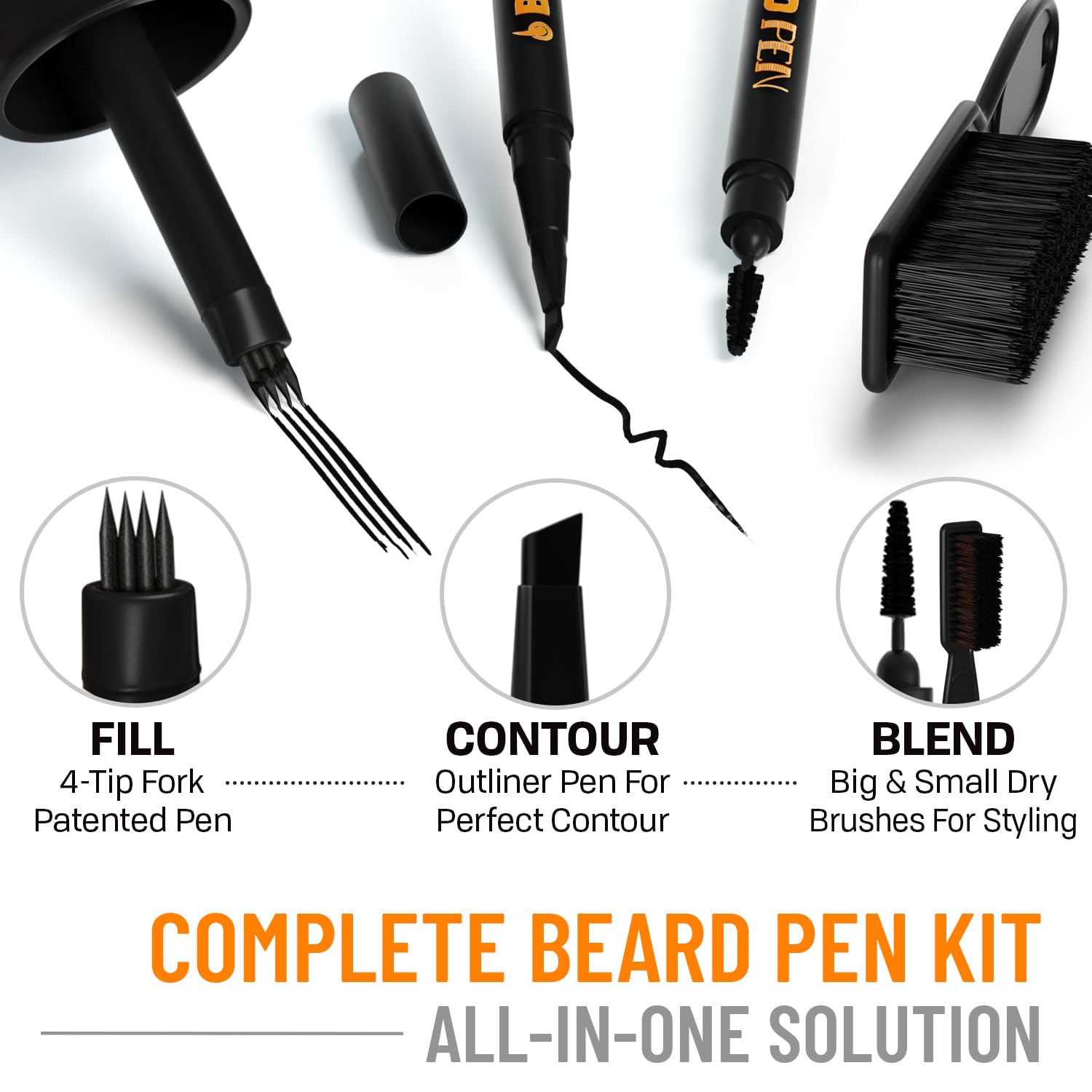 FOLLICLE BOOSTER Beard Pen Filler Styling Kit for Men - 3 - in - 1 Filling Set with 4 - Tip Fork, Normal Pencil, and Brush - Waterproof, Sweatproof & All - Day Hold - Follicle Booster
